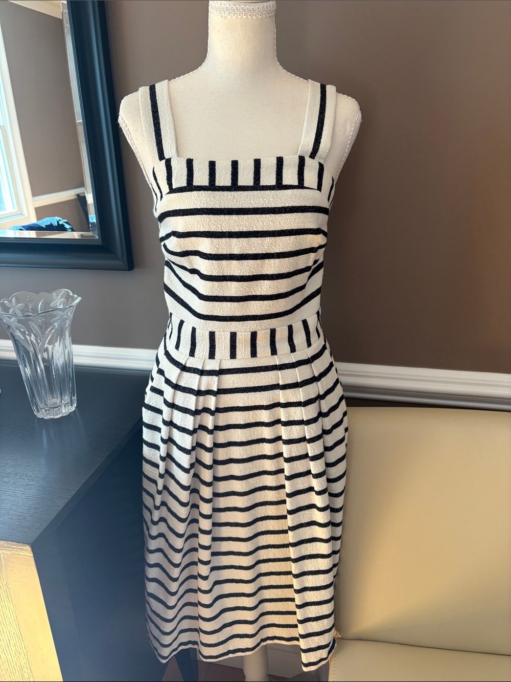 Classic Navy Blue & White Striped Sundress - Sleeveless Square Neck